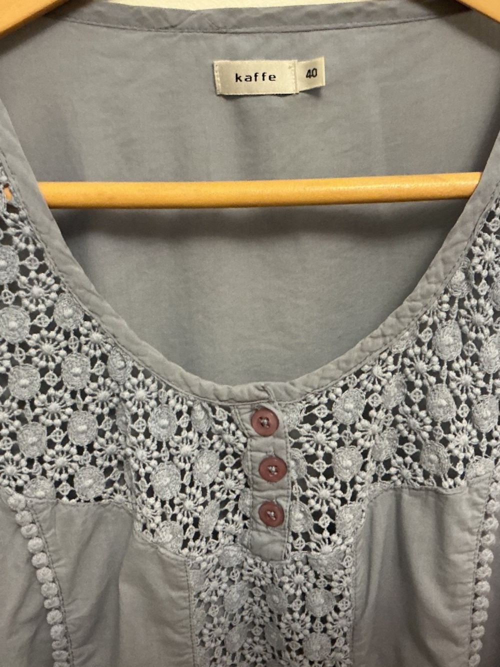 Kaffe Blue100% Cotton Boho Blouse with Crochet Lace Detail- Size 10